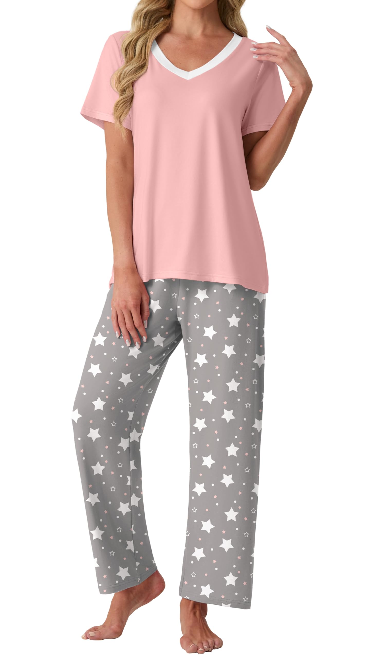 Pajamas for Women Set Soft Pjs 2 Piece Pajama Sets Casual Pj Short Sleeve Lounge set with Pockets