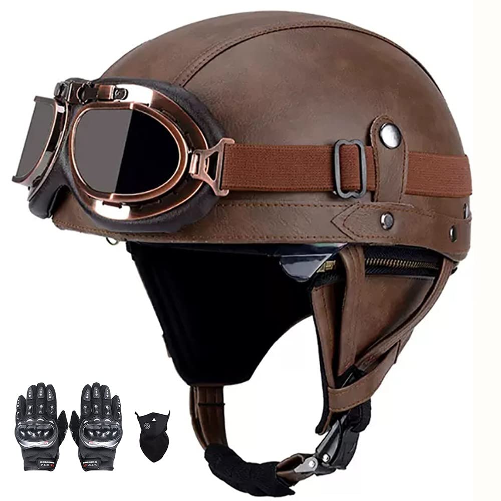 Beyswage Men's D Motorcycle Half Helmet, Retro Jet Helmet + Goggles, Adjustable Size, Comfortable Liner, Ot/Ece Approve Open Face Helmet For An Wo, For Cruiser, Mope, Scooter (54~61Cm)