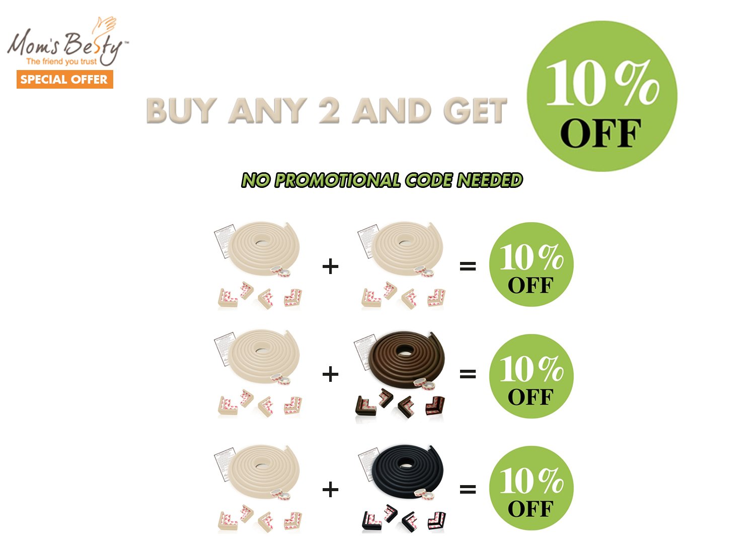 Mom's Besty Extra Dense Child Safety Protectors & Furniture Bumpers Set – 16.2 Ft. Total Coverage (15 Ft. Edge & 4 Taped Corner Guards) - Ivory White - Free Home Baby Proofing Checklist