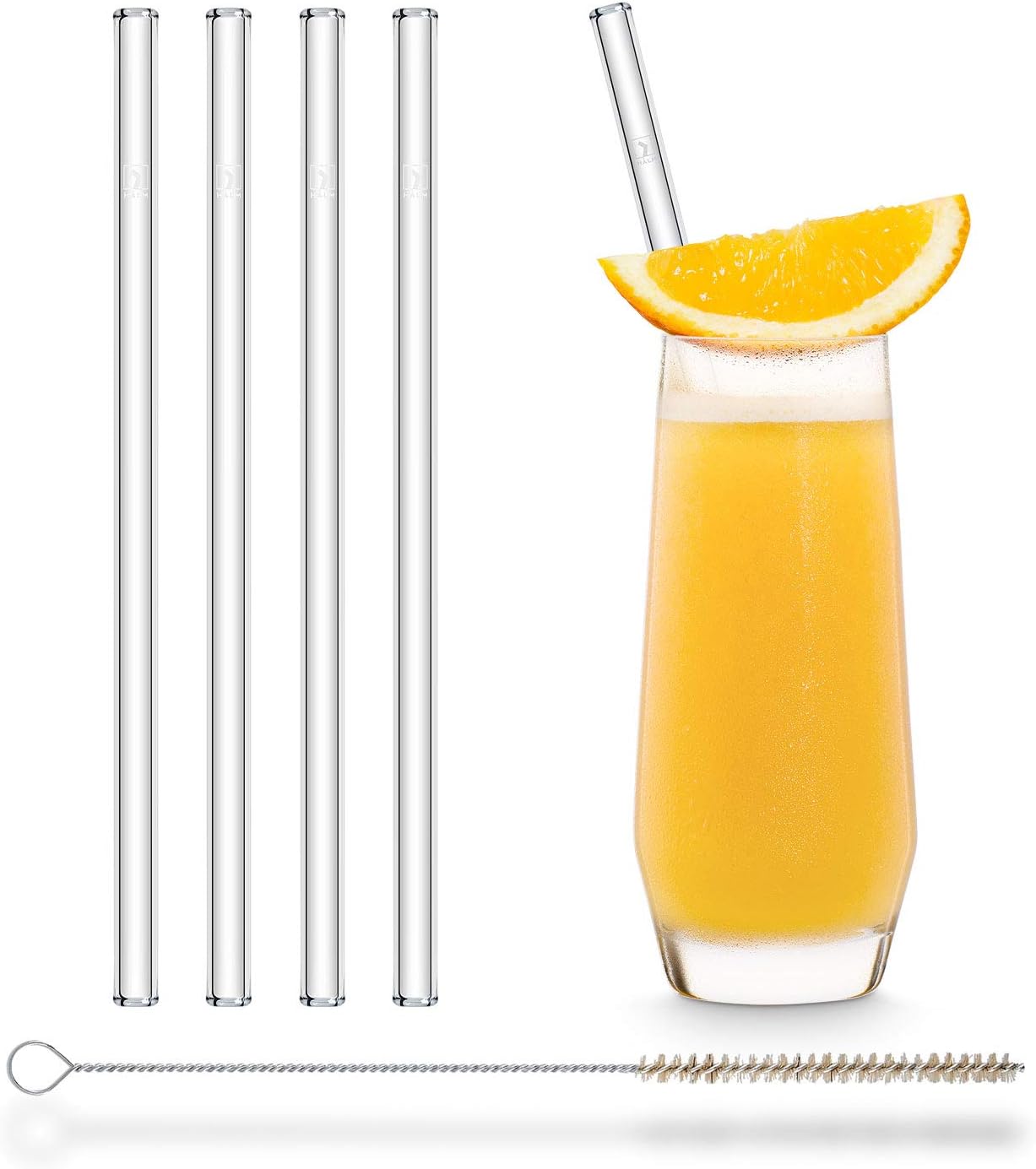 Halm Glass Drinking Straws Reusable Sip Tube - 4 Pieces Straight 20 cm + Plastic-Free Cleaning Brush - Dishwasher Safe - Sustainable - Glass Sip Tubes for Cocktails, Smoothies, Juice