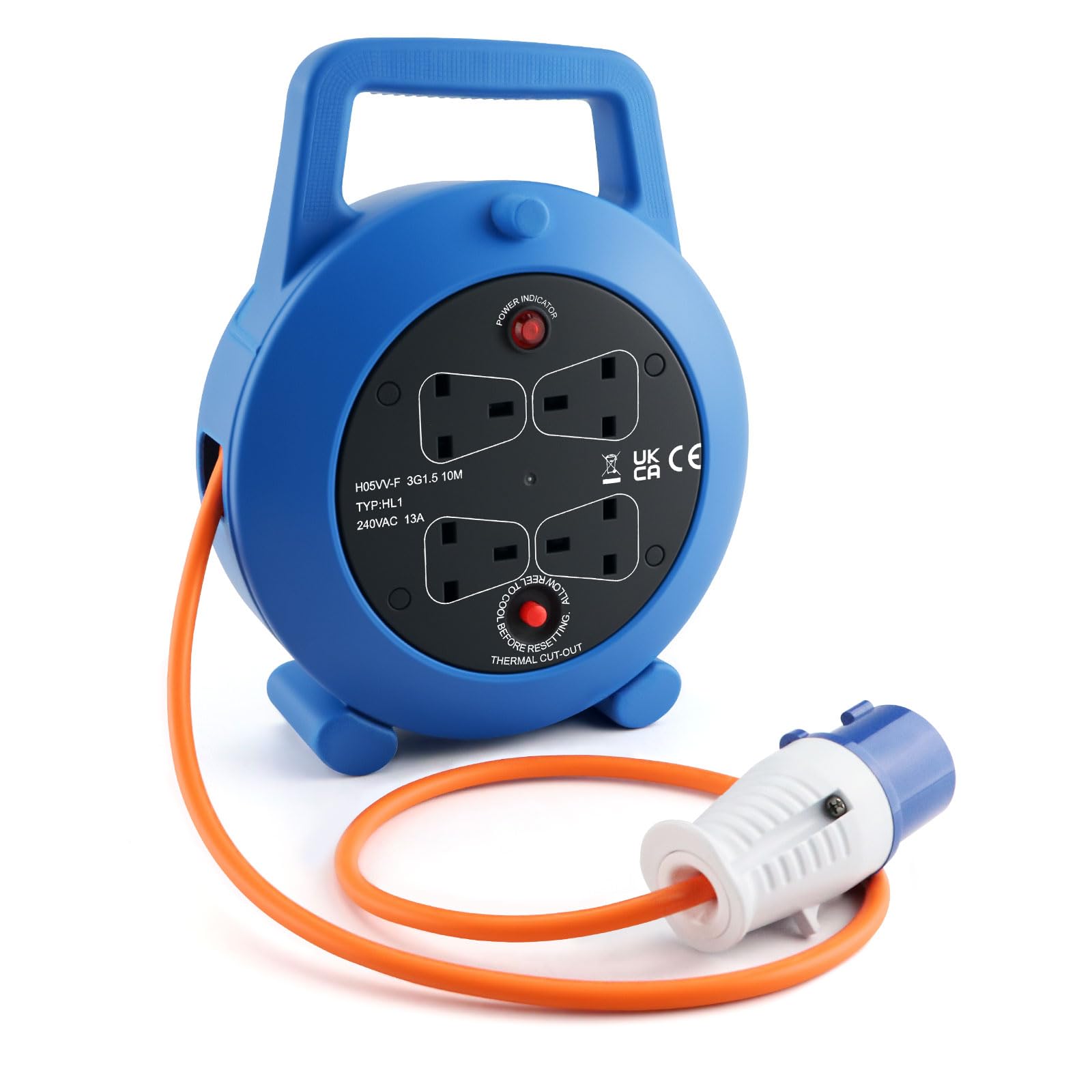 Outdoor Extension Lead 10M - Retractable Extension Lead Reel 4 Sockets, Camping Electric Hook Up Cable 16A, Waterproof and Portable Power Cord, Heavy Duty Mains Extension Cable for Caravans Garden