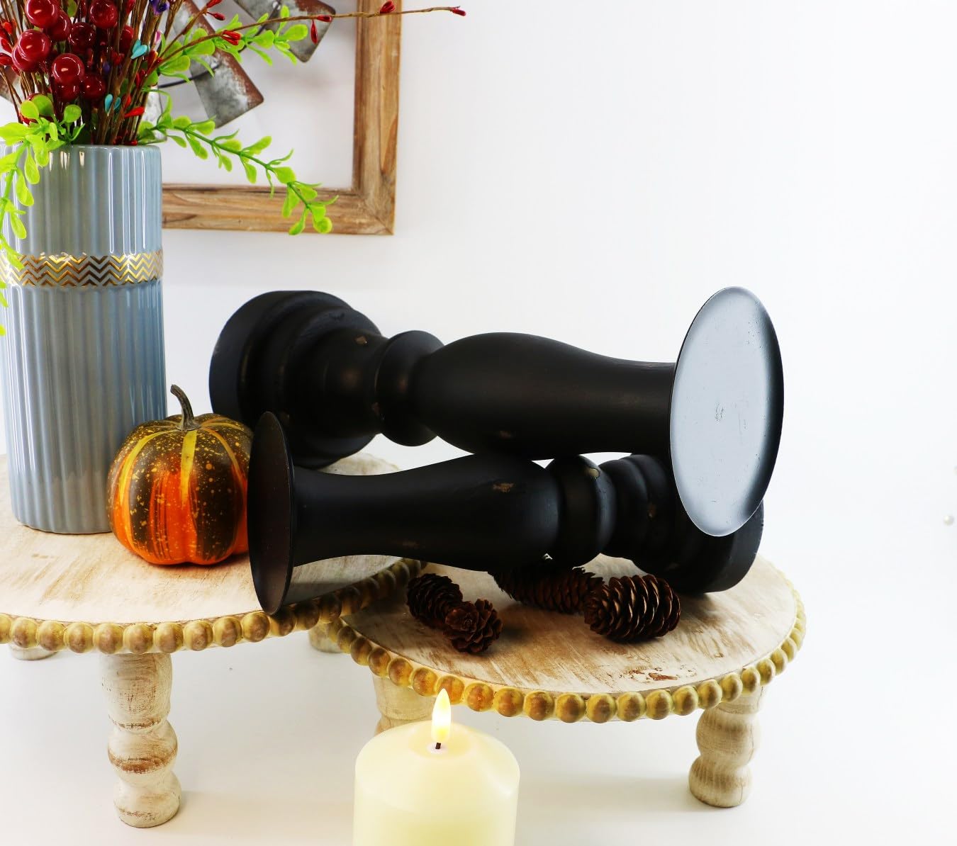 Portavelas de pilar desgastado negro – Portavelas alto de madera para velas de batería – Portavelas grande de granja de pilar juego de 2 piezas
