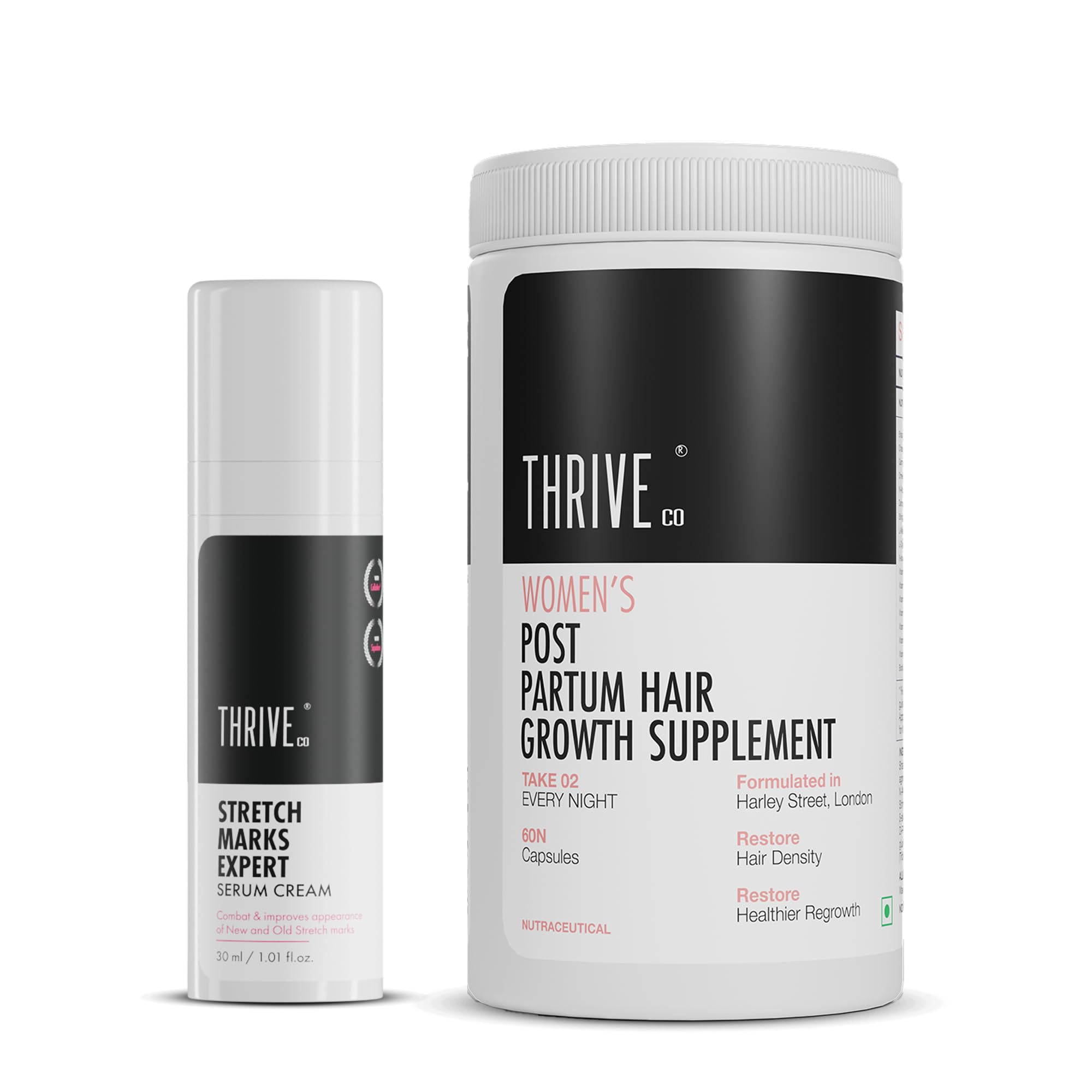 ThriveCo Post Pregnancy Care Combo – Stretch Marks Expert Serum Cream 30 ml & Women’s Post Partum Hair Growth Supplement (60 Capsules)