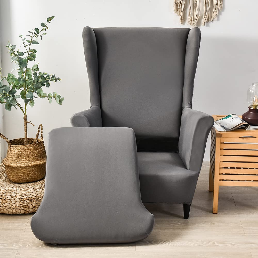 Copripoltrona con Orecchie 1 Posto Elasticizzato 2 Pezzi Coprisedile con Orecchie Fodera per Pouf Fodere per poltrone Elastiche Grigio Scuro