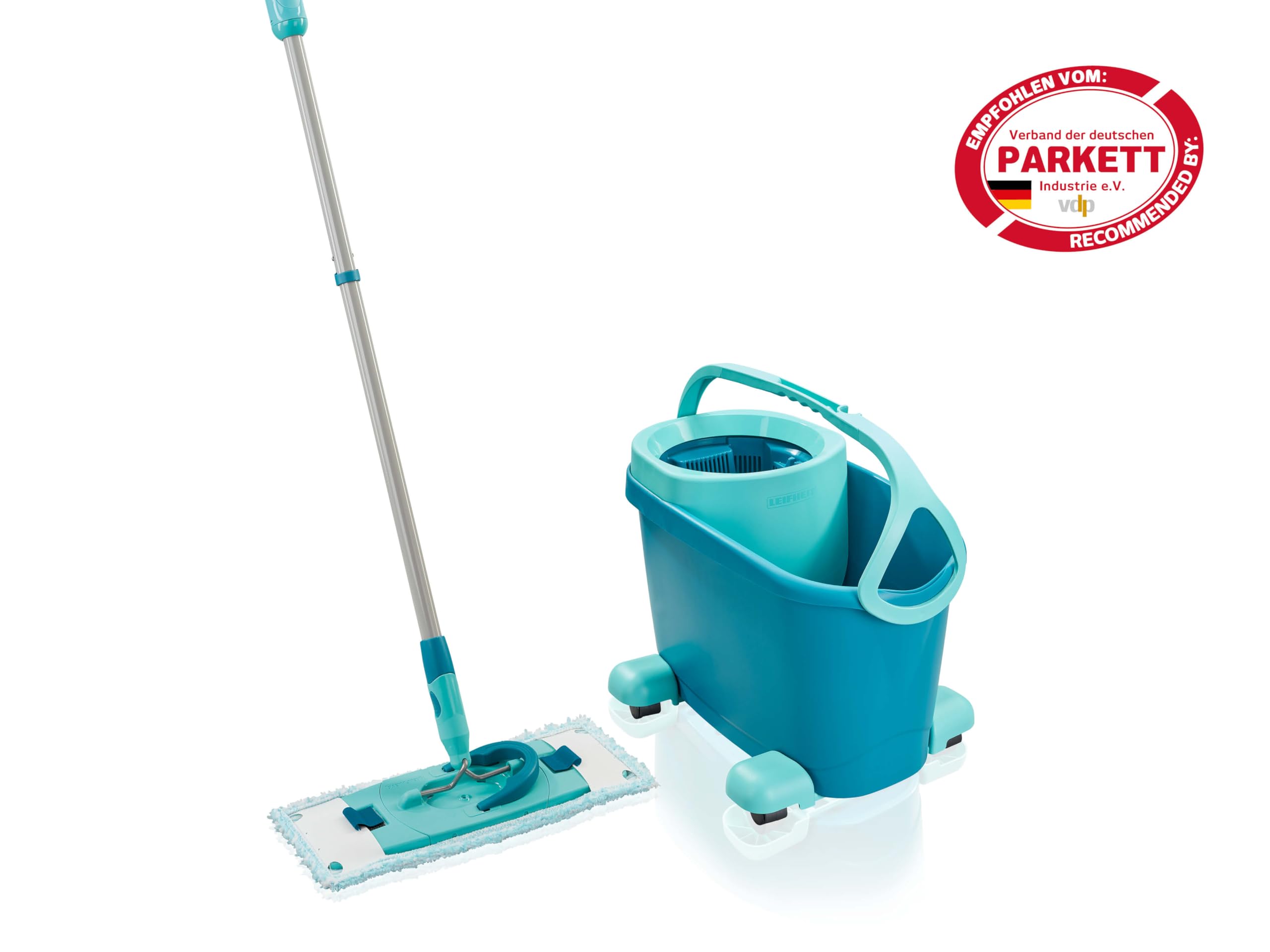 Leifheit Set CLEAN Twist M Flachwischer Ergo 2.0 mit Rollen, Bodenwischer mit Supersoft Bezug für nebelfeuchte Reinigung auf Parkett, Laminat und Echtholz, Mop mit Schleudertechnologie