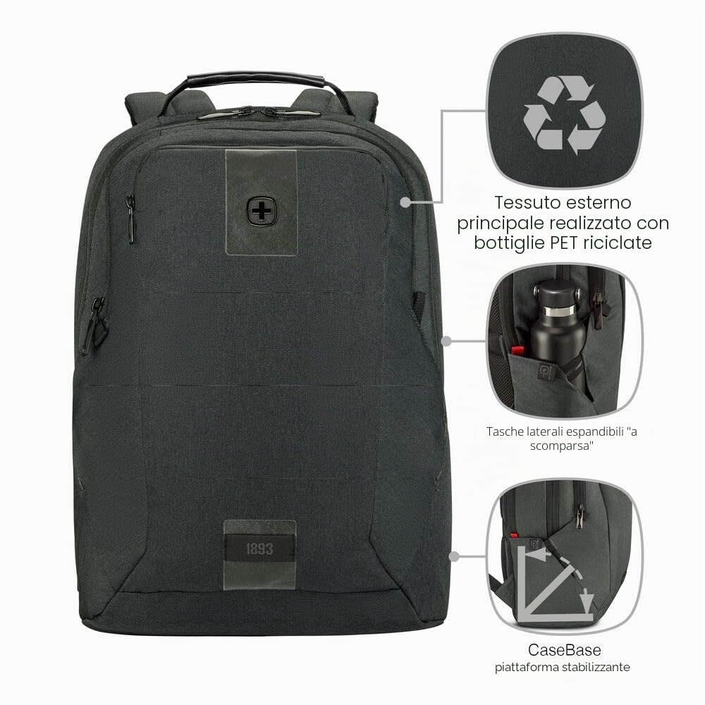 WENGER Zaino Porta PC MX ECO Professional con Tasca per Tablet, Notebook 16”, Tablet 10”, Organizer, 20 l, Uomo Donna, Ufficio Viaggi di Lavoro Università, Nero, Sostenibile, 612261