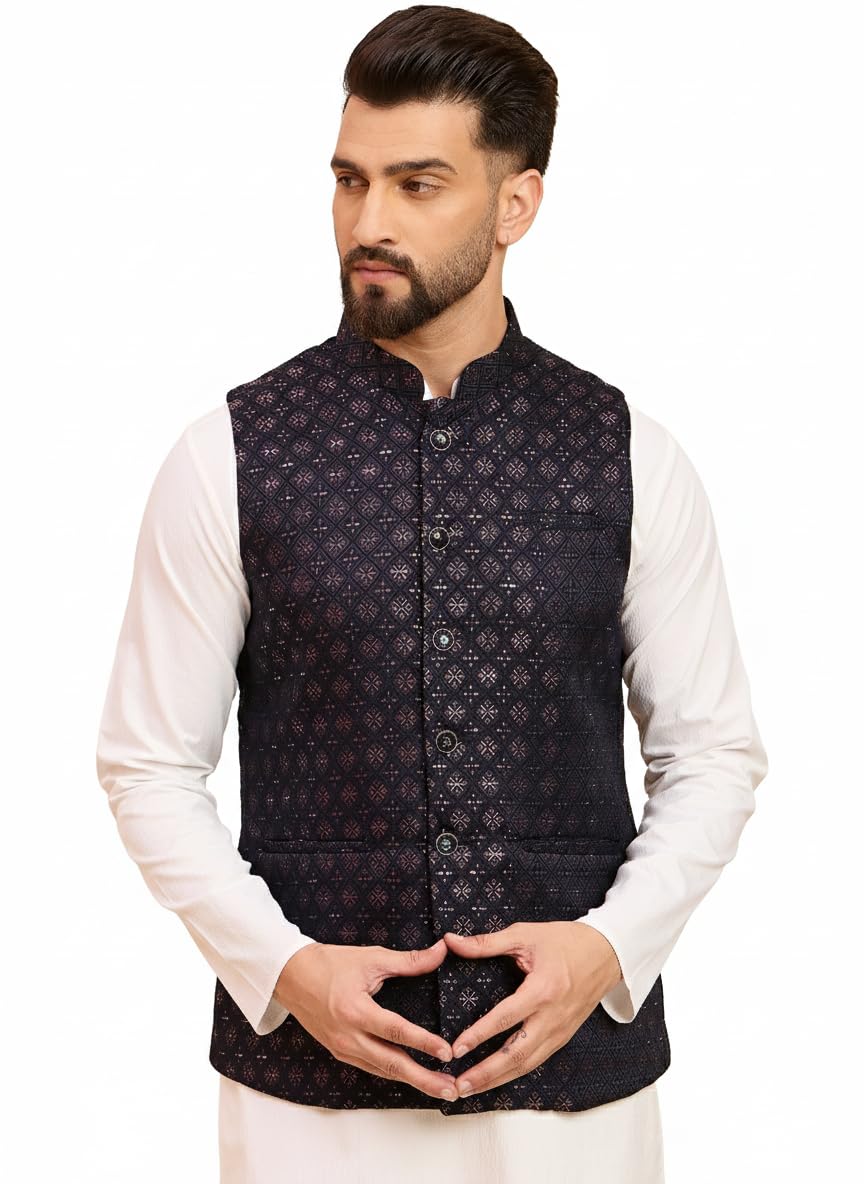 Men Carbon Black jacquard nehru jacket (HOPMJ0309_M)