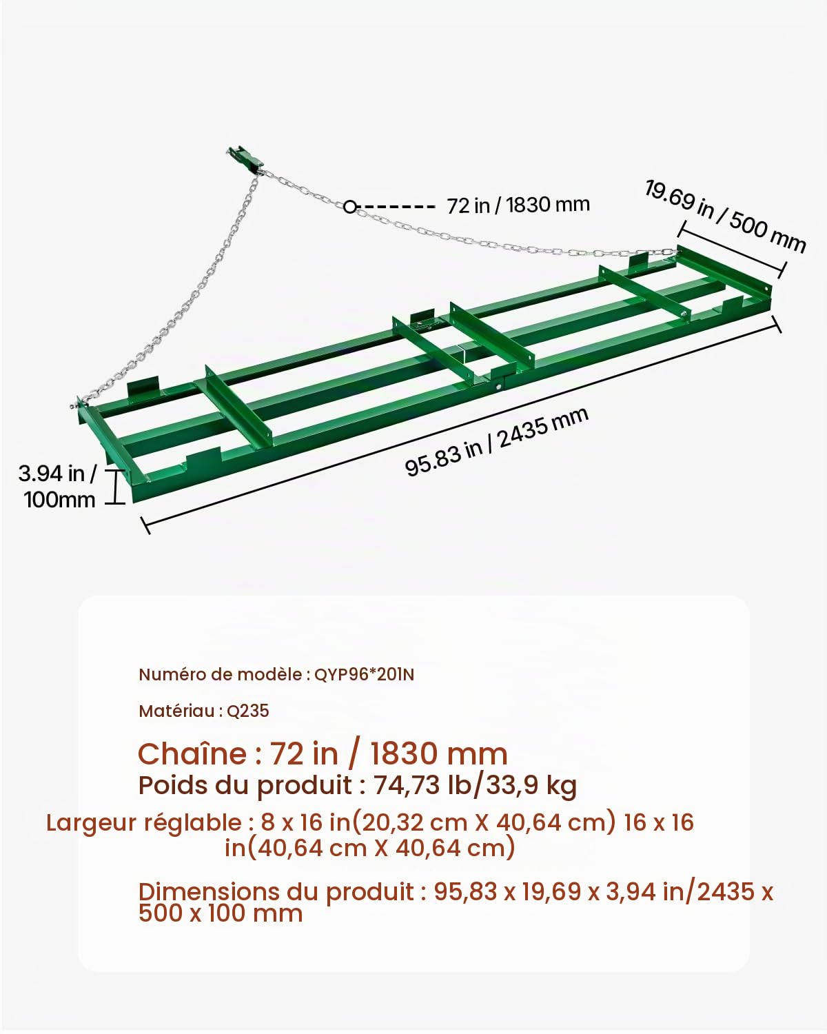 VEVOR Herse Traînée 2435 x 500 mm Râteau Niveleur Remorquable d'Allée avec Barres et Chaîne 1830 mm, Niveleuse d'Allée de Gravier, Outil de Nivellement, pour VTT, UTV, Tracteur de Pelouse de Jardin