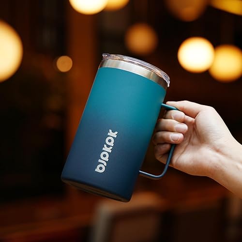 Miniatura 6 de BJPKPK Taza de café aislada con 2 tapas, vaso aislado de acero inoxidable de 25 onzas con asa, tazas de café al vacío de doble pared, taza de viaje