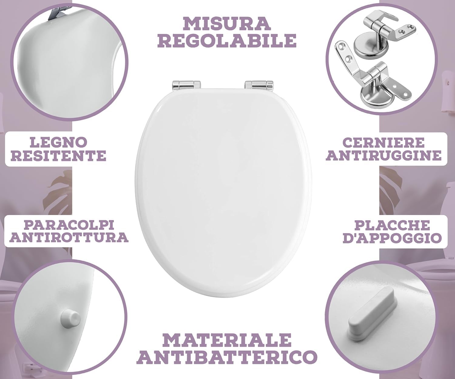 HAND Copriwater Universale in Legno Ovale con Cerniere Cromate Antiruggine – Tavoletta WC Universale Resistente e Facile da Installare – Sedile WC Universale per Bagno (Ideal)