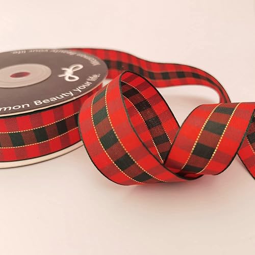 Miniatura 7 de Micomon X'Mas - Cinta de tela a cuadros metálica verde y roja, 25 yardas cada rollo, 100% poliéster (1 pulgada, rojo verde dorado)
