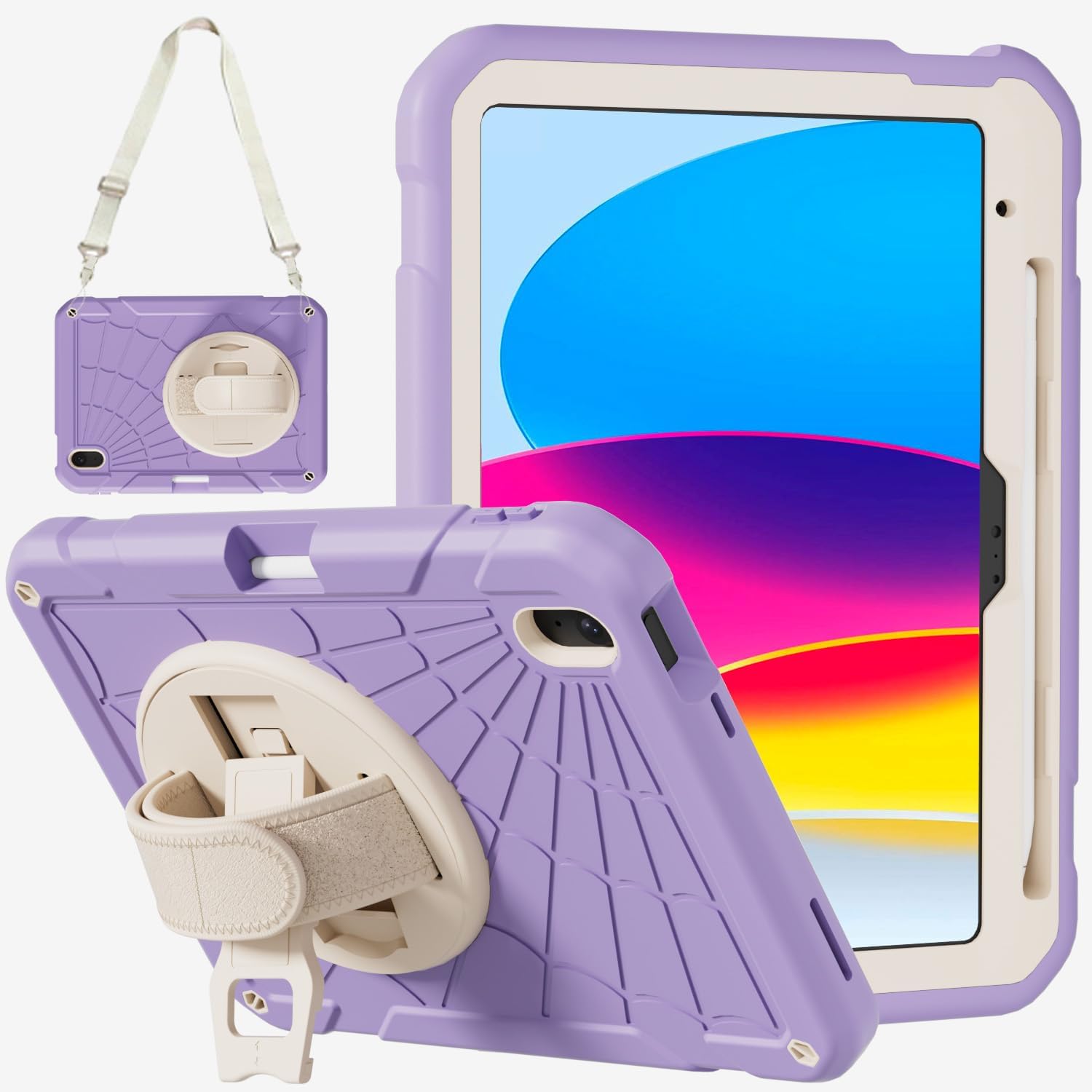 for iPad (A16) 11th/10th Generation Case 2025/2022 (11″/10.9″), Sturdy Heavy Duty Full-Body Shockproof Protective Case, Rotating Stand, Hand/Shoulder Strap (Purple+White)