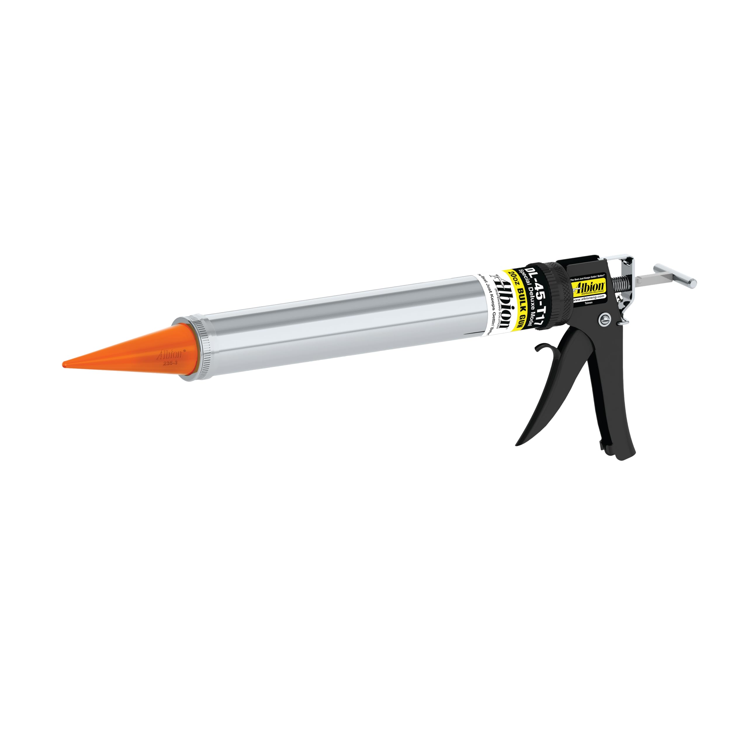 Albion Engineering Company DL-45-T17 Professional Line Special Deluxe Manual Bulk Caulking Gun with Metal Nozzle, Metal Adapter & 3 Orange Cone Nozzles, 20 oz