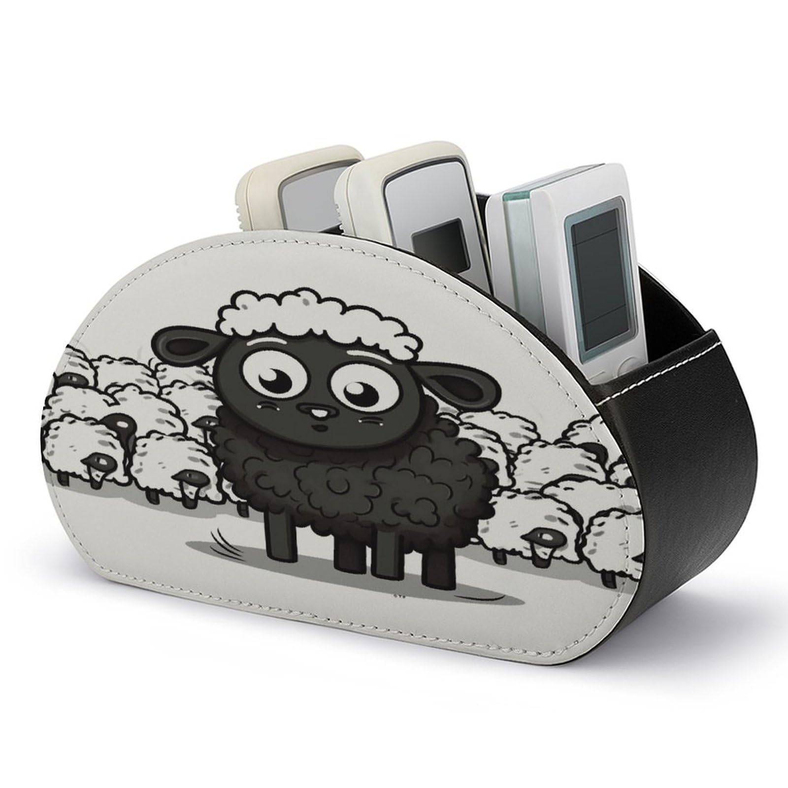VstaDank Cartoon Black White Sheep Remote Control Holder with 5 Compartments PU Leather Remote Caddy Desktop Organizer Store TV Remote Control Storage Box for Home Office Desk Nightstand