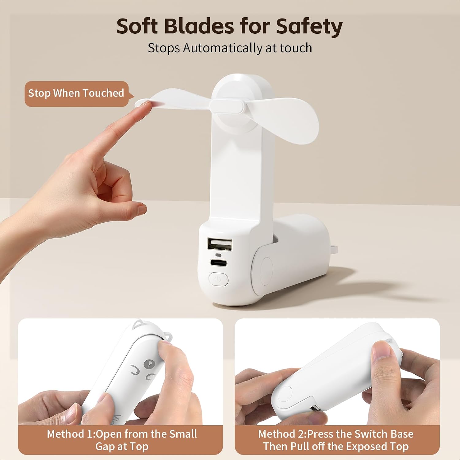 Portable Fan Mini Handheld Fan, Cute Pocket Personal Fan, USB Rechargeable Travel Fan with Power Bank & LED Flashlight, Foldable Small Cooling Fan for Beach, Summer Essentials,Summer Gift for Her image 5