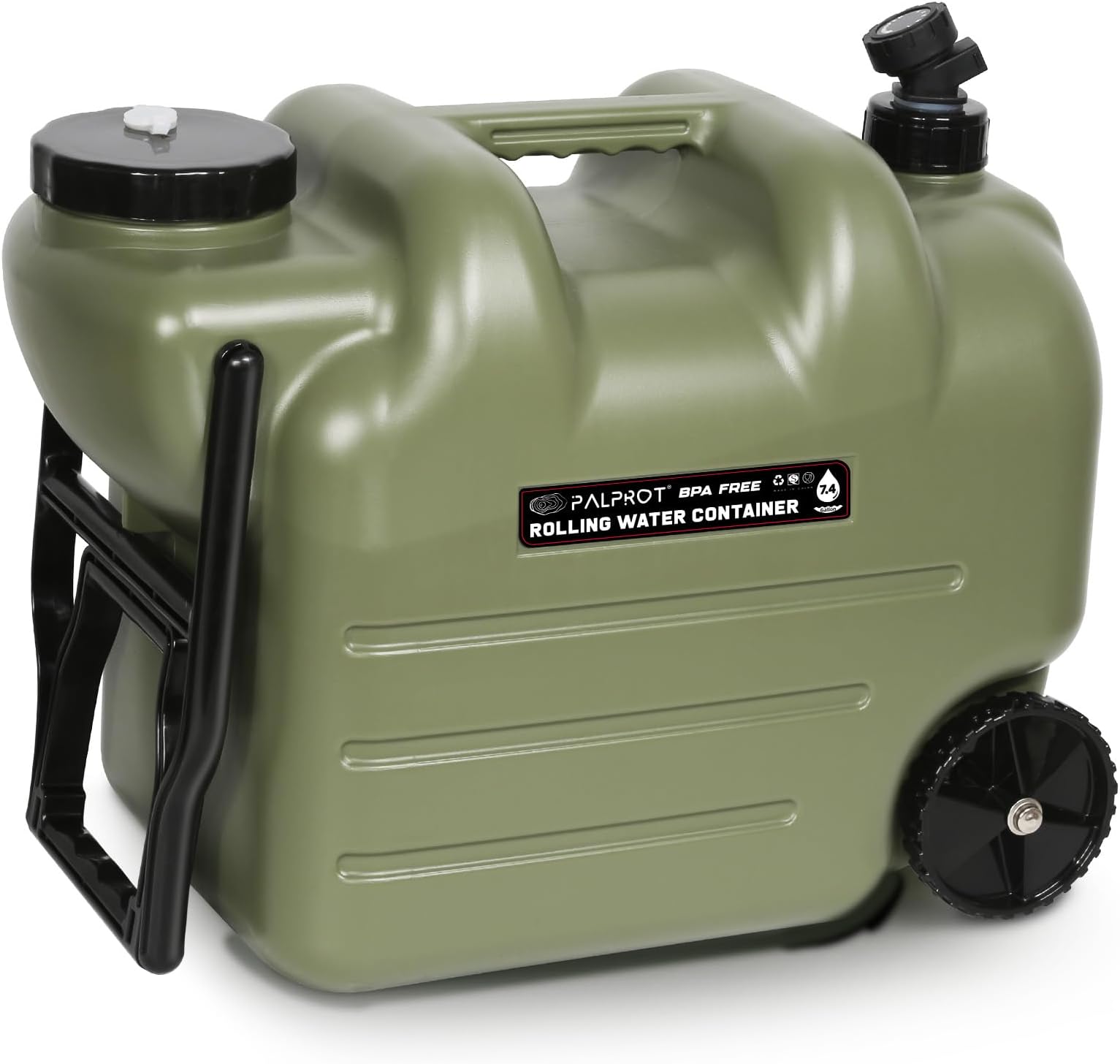 PalProt® Water Storage Container with Spigot | 7.4 Gal - Camping Water Jug with Portable Rolling Wheel - Reusable Long Term Water Dispenser with Hose - BPA Free Food Grade Emergency Water Tank