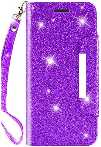 iPod Touch Case 7th Generation 2019 5th / 6th, for iPod 5/6 / 7 with Screen Protector Leather Bling Glitter Wallet Kickstand Credit Card Holder Slot for Girls/Women (Purple)