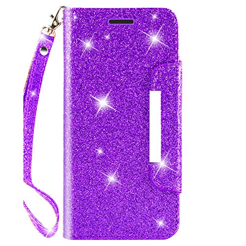 iPod Touch Case 7th Generation 2019 5th / 6th, for iPod 5/6 / 7 with Screen Protector Leather Bling Glitter Wallet Kickstand Credit Card Holder Slot for Girls/Women (Purple)