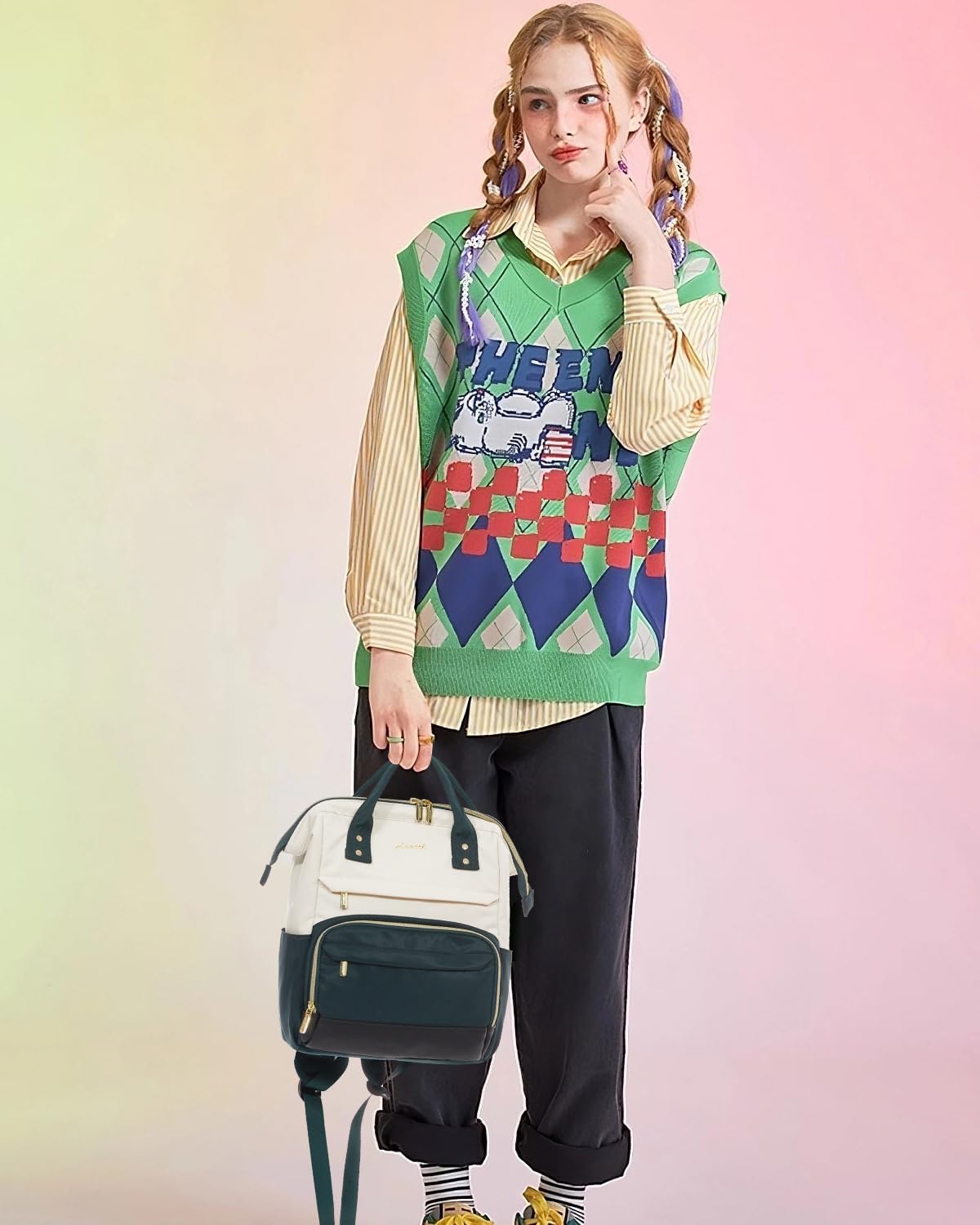 LOVEVOOK Mini Backpack for Women, Cute Small Backpacks Purse, Fashion Bag for Travel Work Gift, College Bookbag for School, Lightweight Daypack, White-Green - Image 2