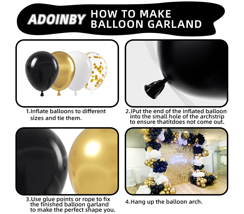 Image of Black and Gold Balloon Arch Kit, ADOINBY 140Pcs Black White Metallic Gold Confetti Latex Balloons 18 12 10 5 Inch Different Size Balloons for Birthday Anniversary Graduation Wedding Party Decorations
