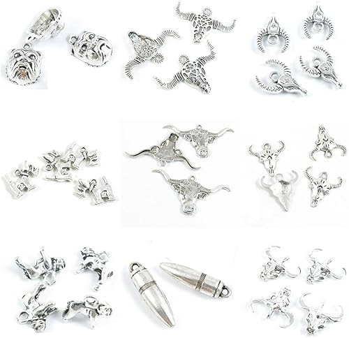 31 piezas de abalorios de plata envejecida para hacer joyas, diseño de búfalo con cabeza de toro de perro de perro Bulldog inglés, calavera,