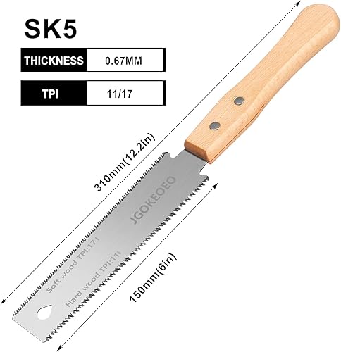 Miniatura 2 de Sierra de mano japonesa, sierra de corte al ras de doble filo de 6 pulgadas, doble hoja flexible SK5 1711 TPI con mango de madera cómodo para la