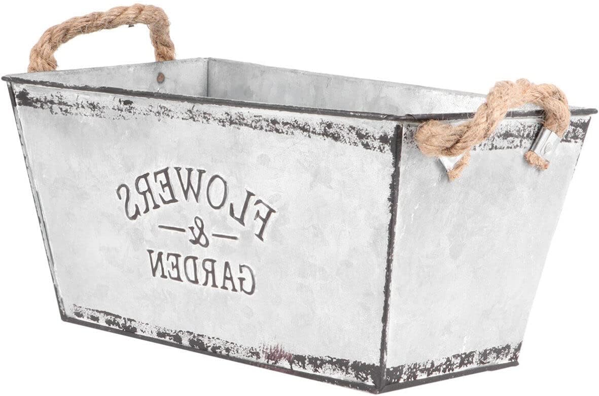 POPETPOP Iron Flower Buckets Galvanized Tub Planter Rustic Metal Flower Pot Tub Floral Bucket Vase with Handle Farmhouse Cactus Pot Farmhouse Succulent Planter Pot Silver L