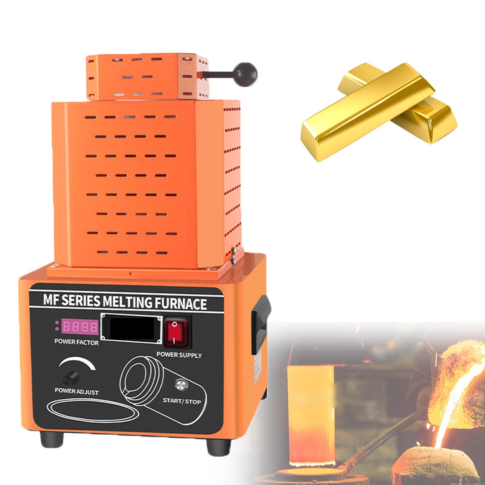 Elektryczny piec do topienia złota o mocy 5000 W, ulepszona cyfrowa maszyna do topienia metali 1600 ℃/2912 ℉ z tyglem grafitowym 1/2/3 kg, topiąca złoto, srebro, aluminium (Orange 1kg)