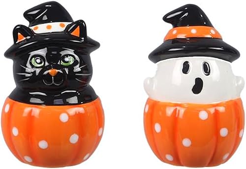 The Bridge Collection Black Cat and Ghost in Pumpkins - Juego de salero y pimentero - Juego de 2 piezas - Artículos de cocina de Halloween -