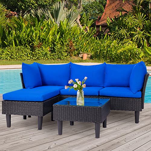 Image of FDW 5-Piece Patio Furniture Set | Blue | Outdoor Wicker Furniture