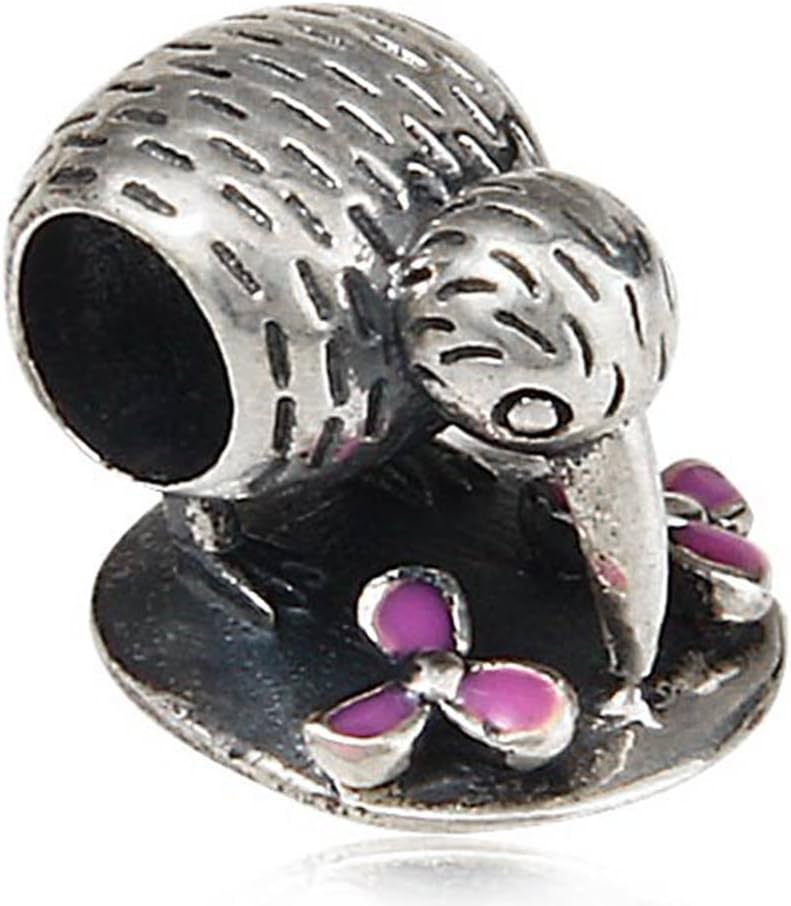 Antique 925 Sterling Silver Beads Kiwi Bird Drinking Water Charm with Floating Pink Flowers Enamel Charm Rare Animals Protection Charms