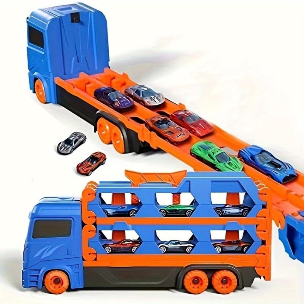BLiSS HUES Big Hauler Storage & Deform Truck Toy with 2 Ejection Race Track Catapult Truck with LED Light & Music for Kids (Blue)