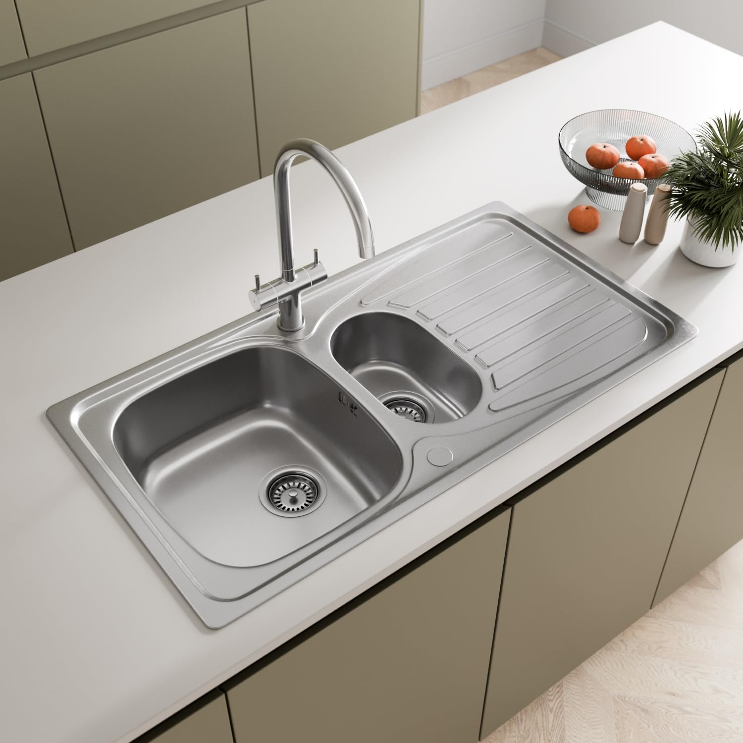 950 x 500mm Stainless Steel Kitchen Sink Inset 1.5 Bowl, Inset Drop in Installation, Right Hand Drainer, Free Kitchen Strainer Wastes for Sinks