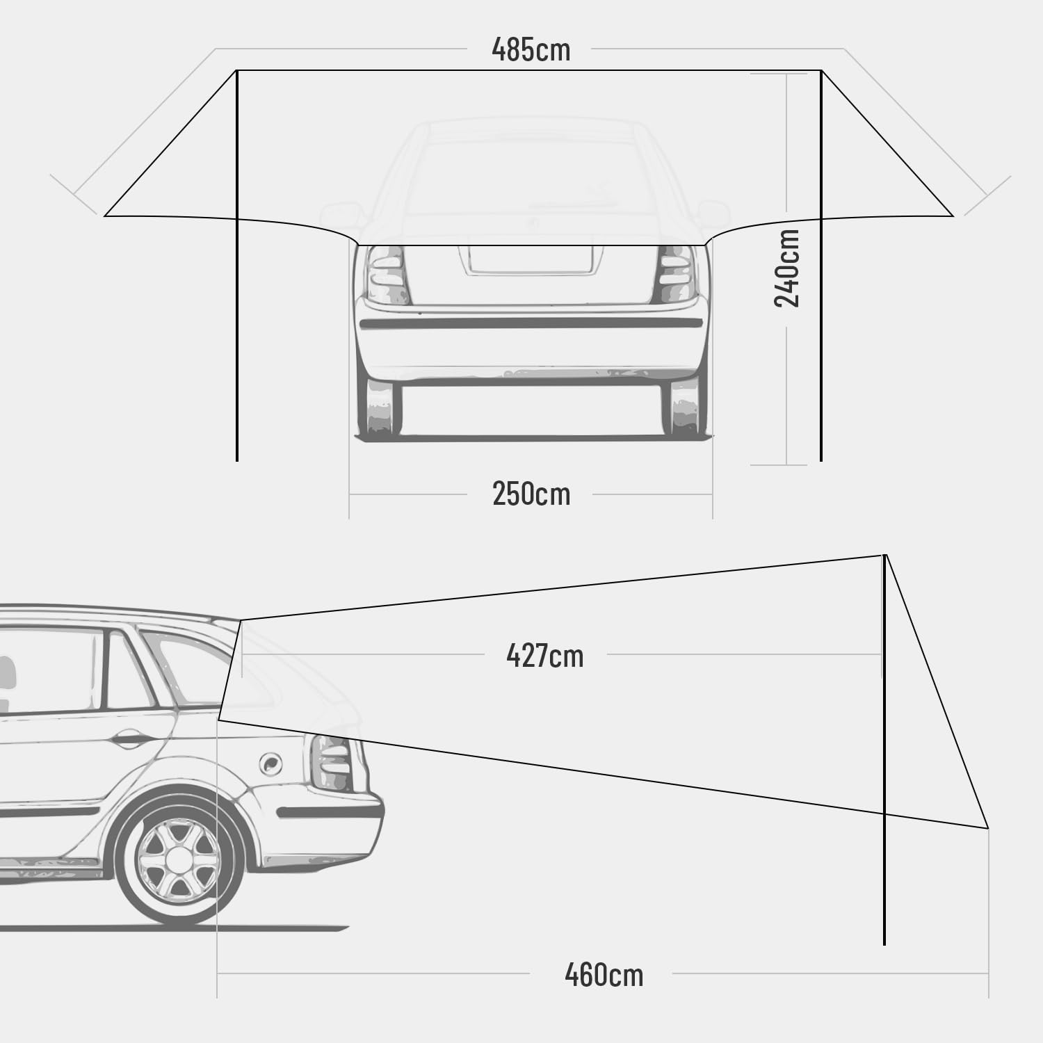 Auto Markise Vorzelt, Wasserdicht Sonnensegel Camping Dachzelt Dachträger Sonnenschutzdach mit UV-Schutz (UV80) & Wasserdicht-Coating Heckklappe für Auto SUV Wohnwagen PKW Van Outdoor (485 x 427 cm)