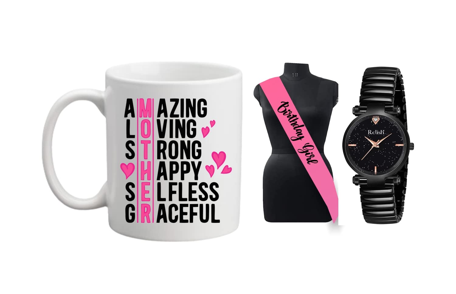 Relish Gift for Mom (Pack of 3), Black Elastic Band Strap Analogue Watch & Mother Quote Printed Ceramic Coffee Mug & Birthday Girl Sash (B0C56YX4C1) Amazon Price History, Amazon Price Tracker