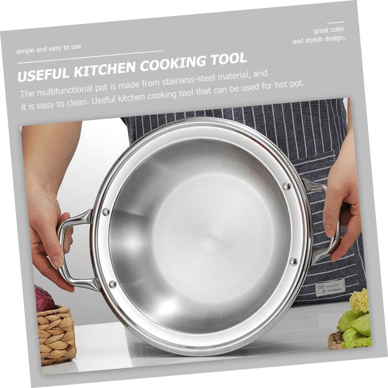 Multi-function Paella Pan Stainless Steel Silver Xmas Shallow Pot