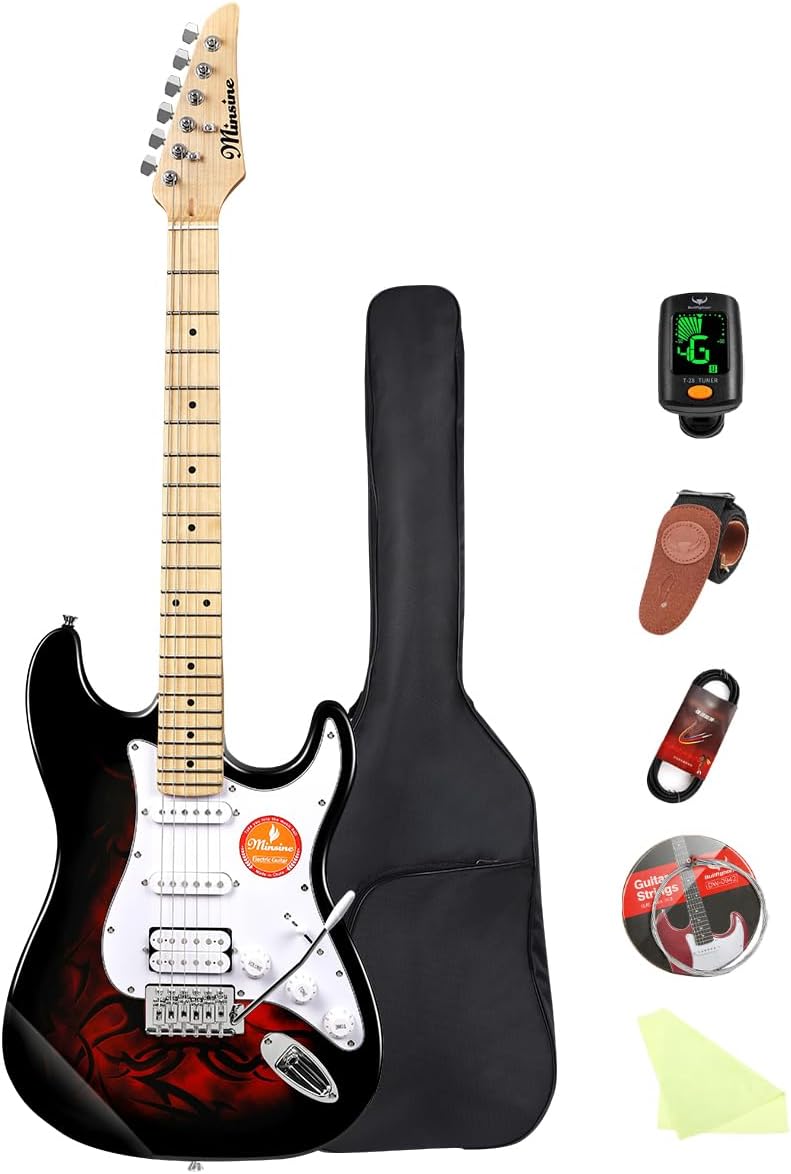 Electric Guitar Beginner Kits, 6 Strings 39 Inch Solid Body Guitarra Electricar Set for Adults With Gig Bag, Strap, Tremolo Arm, Cable & Picks MS100 (Flame Red)