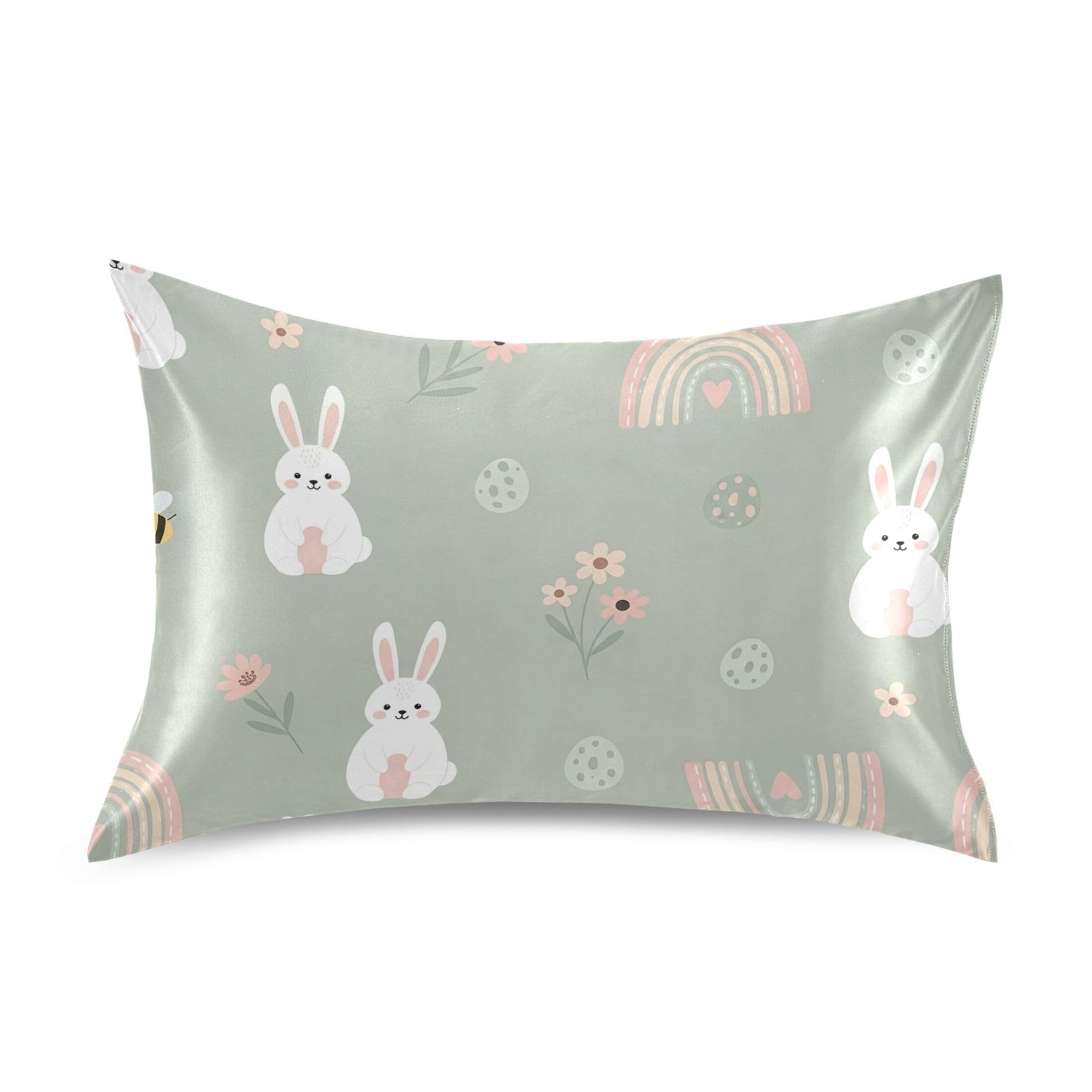 Fuauuyl Pillowcase Queen Size 20x30 in, Rabbits Rainbow Soft Breathable Satin Pillow Case for Hair and Skin with Envelope Closure Wrinkle-Free