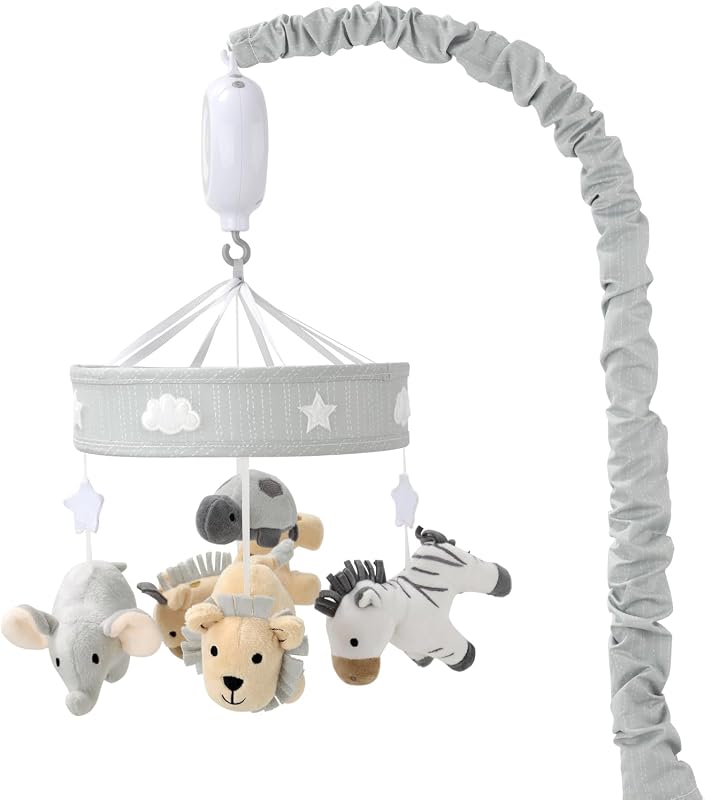 celular de cuna para niños o niñas – celular musical gris para cuna con 12 canciones de cuna, león, elefante, cebra, juguetes de peluche de safari colgantes, cuna celular para bebé, decoración de guardería de safari