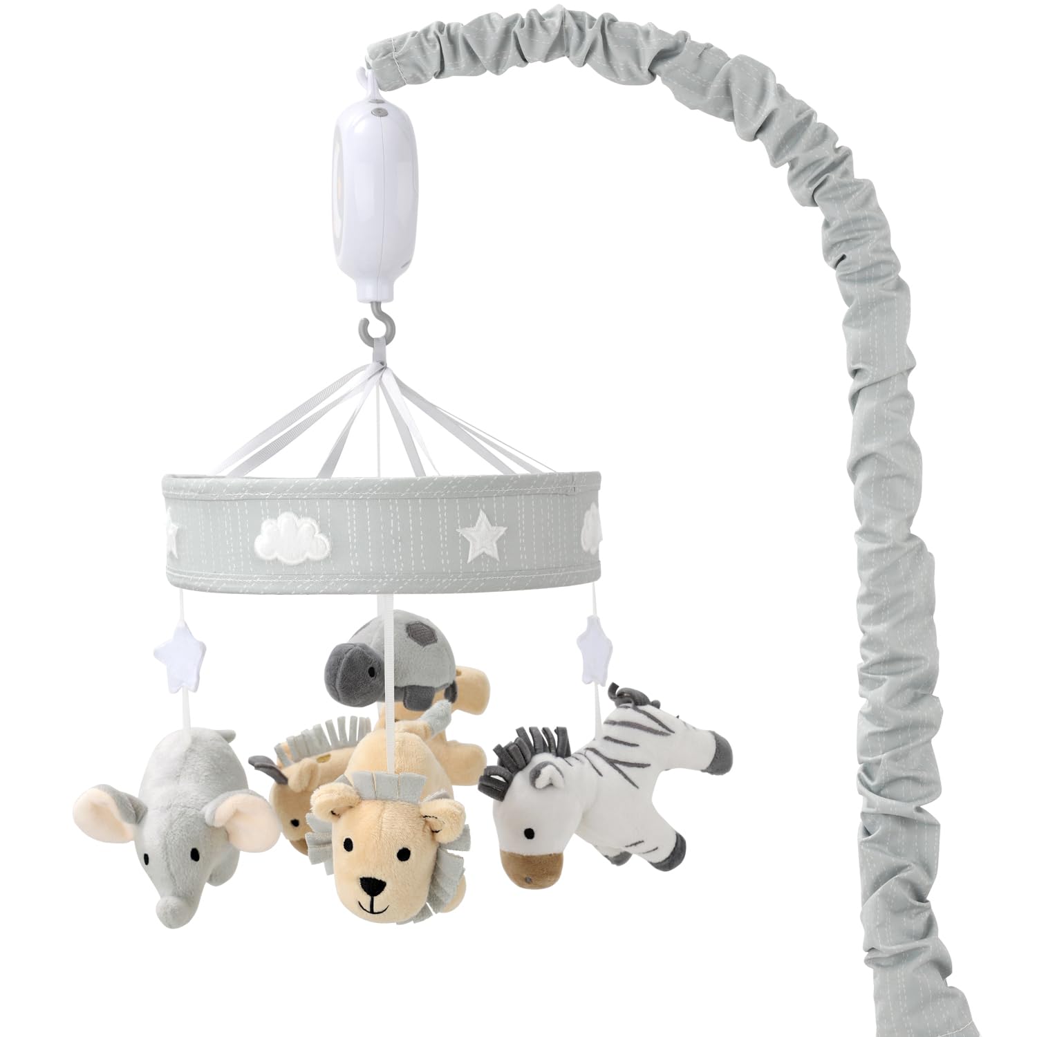 The Peanutshell Crib Mobile for Boys or Girls - Grey Musical Baby Crib Mobile with 12 Lullabies, Lion, Elephant, Zebra, Safari Plush Toys Hanging,