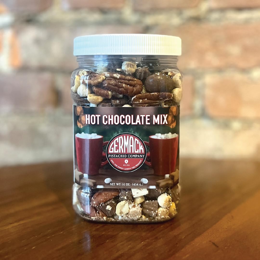 Germack® - Hot Chocolate Mix - Premium Chocolate & Nut Snack Mix - Milk Chocolate Almonds, Marshmallow Truffles, Peanuts, Cinnamon Graham Chortles, White Chocolate Chunks, and Pecans (Set of 2, 16oz jars)