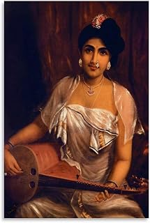 Raja Ravi Varma Print Poster,Lady Playing The Veena Canvas for Bedroom Living Room Decor 16x24inch(40x60cm) Unframe-style