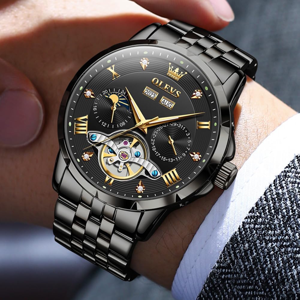 OLEVS Men Automatic Watch Skeleton Mechanical Classic Luxury Business Diamond Stainless Steel Waterproof Luminous Date Calendar Wrist Watches for Men