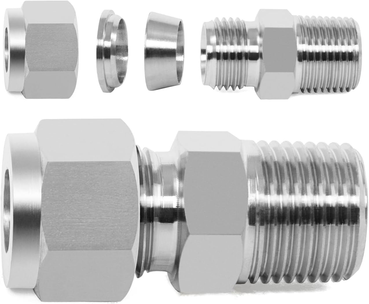 ChillWaves 304 Stainless Steel 1/2" OD x 1/2" NPT Male Compression Tube Fitting Union Connector, 2-Pack - Corrosion-Resistant