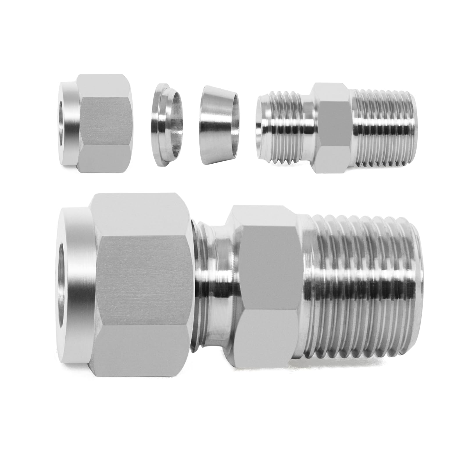 ChillWaves 304 Stainless Steel Compression Tube Fitting, 3/8" OD x 1/2" NPT Male Compression Union Connector(2-PACK)