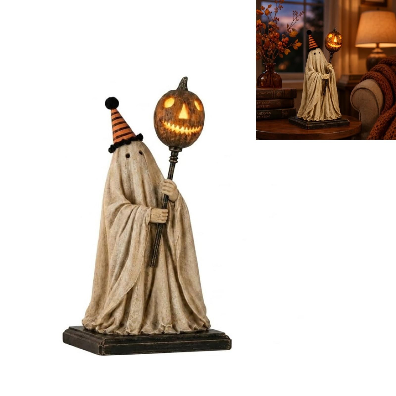 Cenifin Lighted Vintage Ghost Figurine with Glowing Pumpkin Staff, Halloween Handheld Pumpkin Lantern Witch Figure, Seasonal Home Decorations for Mantel, Entryway, or Tabletop