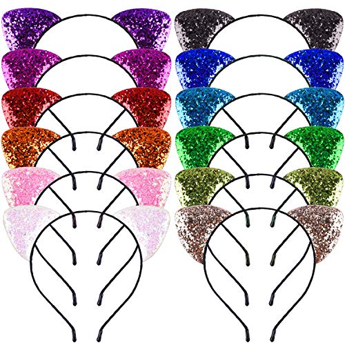 SIQUK 12 Pieces Cat Ears Headbands Glitter Kitty Ears Headband Sparkle Hair Hoops Kitty Hairband for Girls and Adults Daily Wearing and Party Decorations(Bonus: 1 Pc Storage Bag)