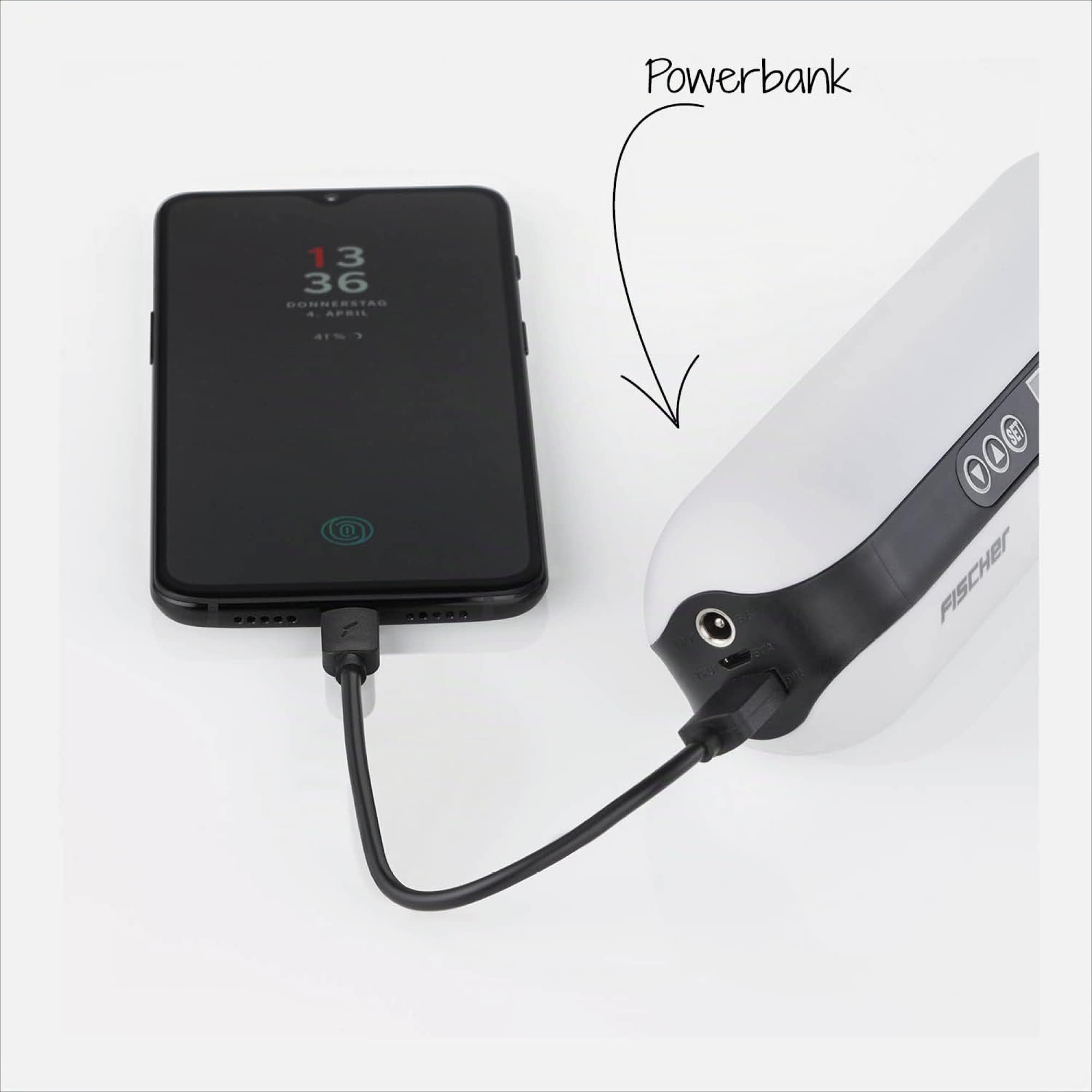 Fischer Akku- Kompressor mit Powerbank, Adapter für Sclaverand-und Dunlopventile, Luftmatratzen, Ballnadel, USB Ladekabel, Ladekabel für Zigarettenanzünder, Display, Taschenlampe, Luftpumpe