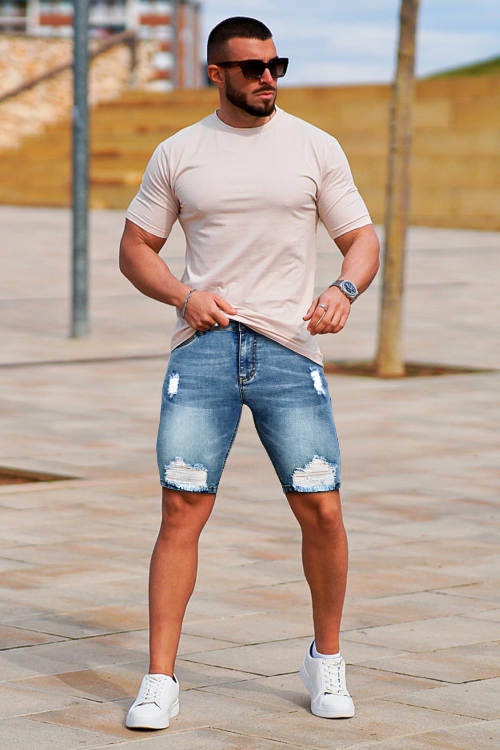 GINGTTO Men's Jean Shorts Ripped Slim Fit Stretch Denim Shorts - Image 9