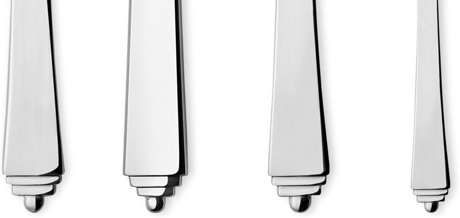Georg Jensen Pyramid Cutlery Set, 16 Pieces - 4x Dinner Fork, 4x Dinner Spoon, 4x Grill Dinner Knife and 4x Teaspoon, Mirror Polished Stainless Steel 18/8 by Harald Nielsen